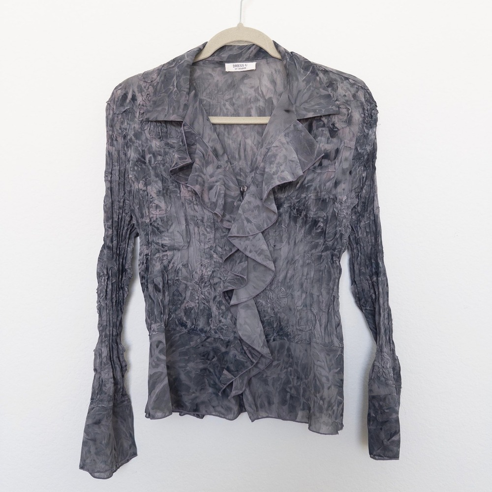 Y2K Dress-U Womens Blouse Size M Gray Crinkle Sheer Ruffle‎ Whimsigoth Witchy